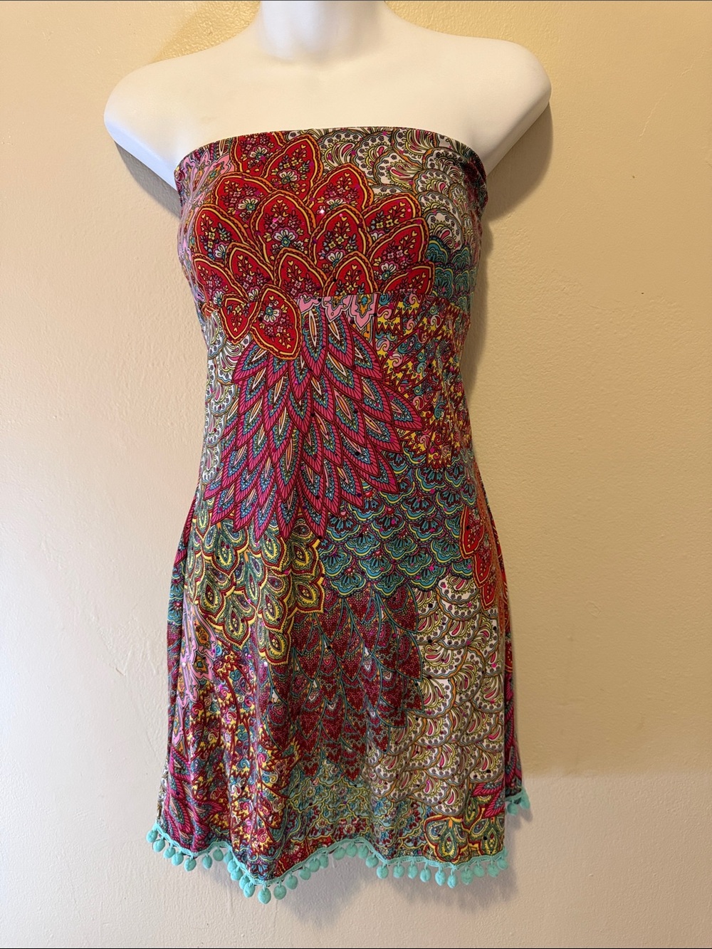 Bohemian Strapless Multicolor Paisley Tube Dress with Turquoise Pom Hem
